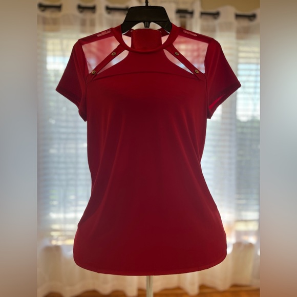 Sheer bodice, red slinky blouse from Adele & May, large. - Picture 12 of 14